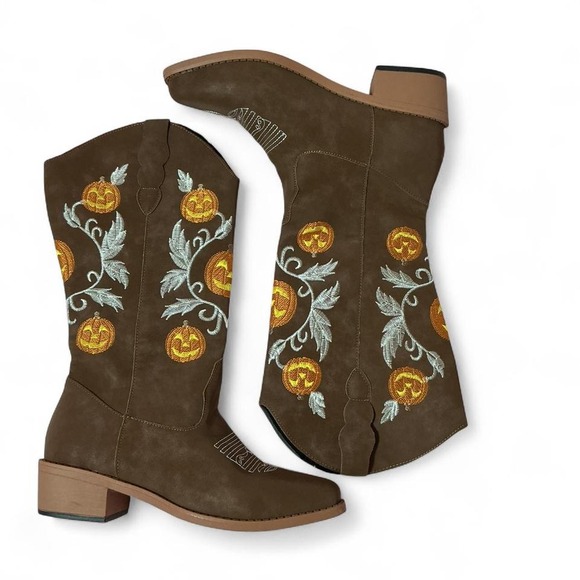 Shoes - Pumpkin Cowboy Boots Embroidered‎ Halloween Western Boots Festival Women 38